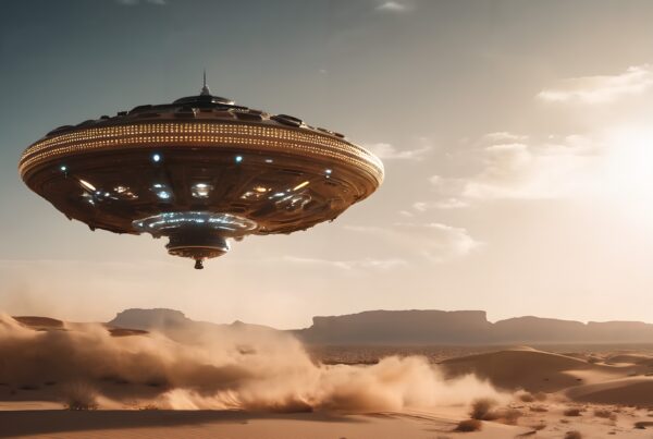 A UFO hovers over a desert landscape during sunset, casting shadows on the dunes.