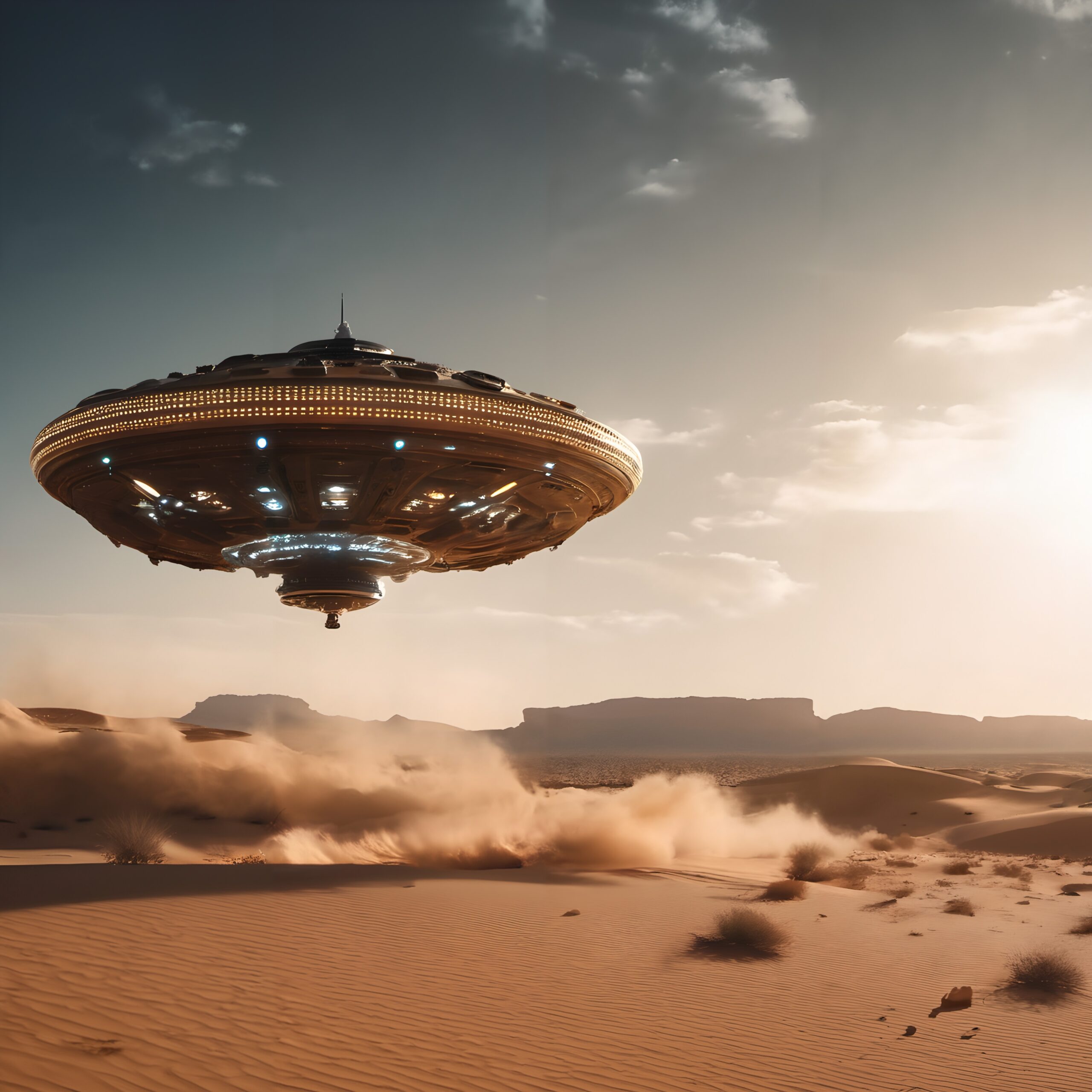 Suspended UFO Over Desert Landscape