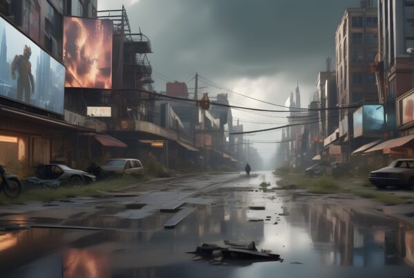 Post-apocalyptic city street with debris and reflections.