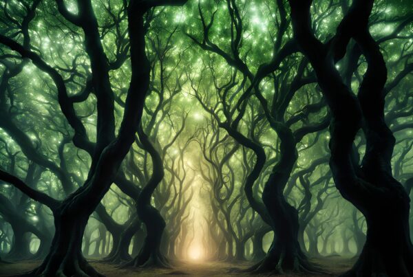 Beautiful forest with twisted trees and glowing light.
