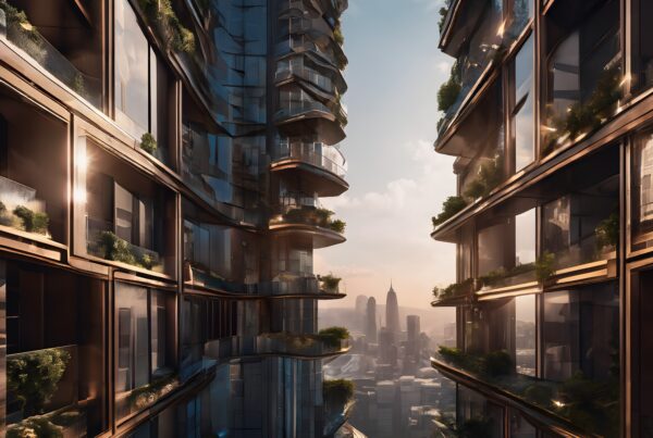 Cityscape of modern skyscrapers with plants.
