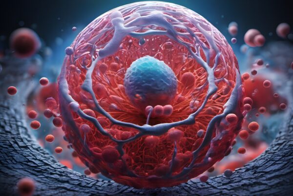 Artistic rendering of a cell, showcasing its intricate structures and vibrant colors.