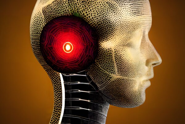 Futuristic cybernetic head with glowing red eye.
