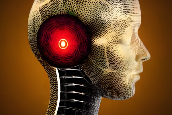 Futuristic humanoid with glowing red sensor, showcasing advanced technology and artificial intelligence concepts.
