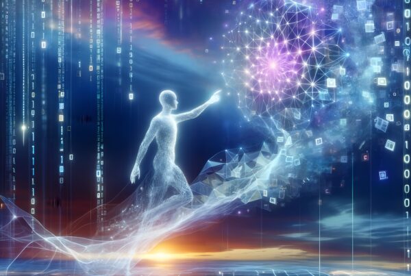 A digital human figure reaches towards a nebula of interconnected nodes, symbolizing merging technology and AI.