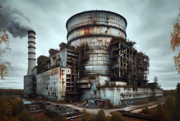 Abandoned industrial building with rusted cooling tower and chimney amidst overgrown foliage and cloudy sky.