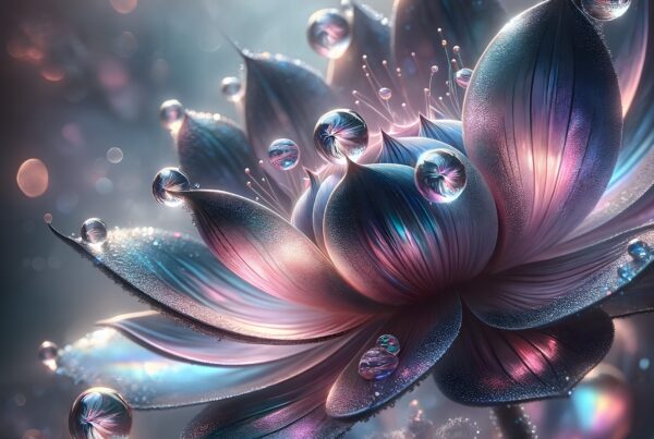 A fantasy flower with iridescent petals and dewdrops.