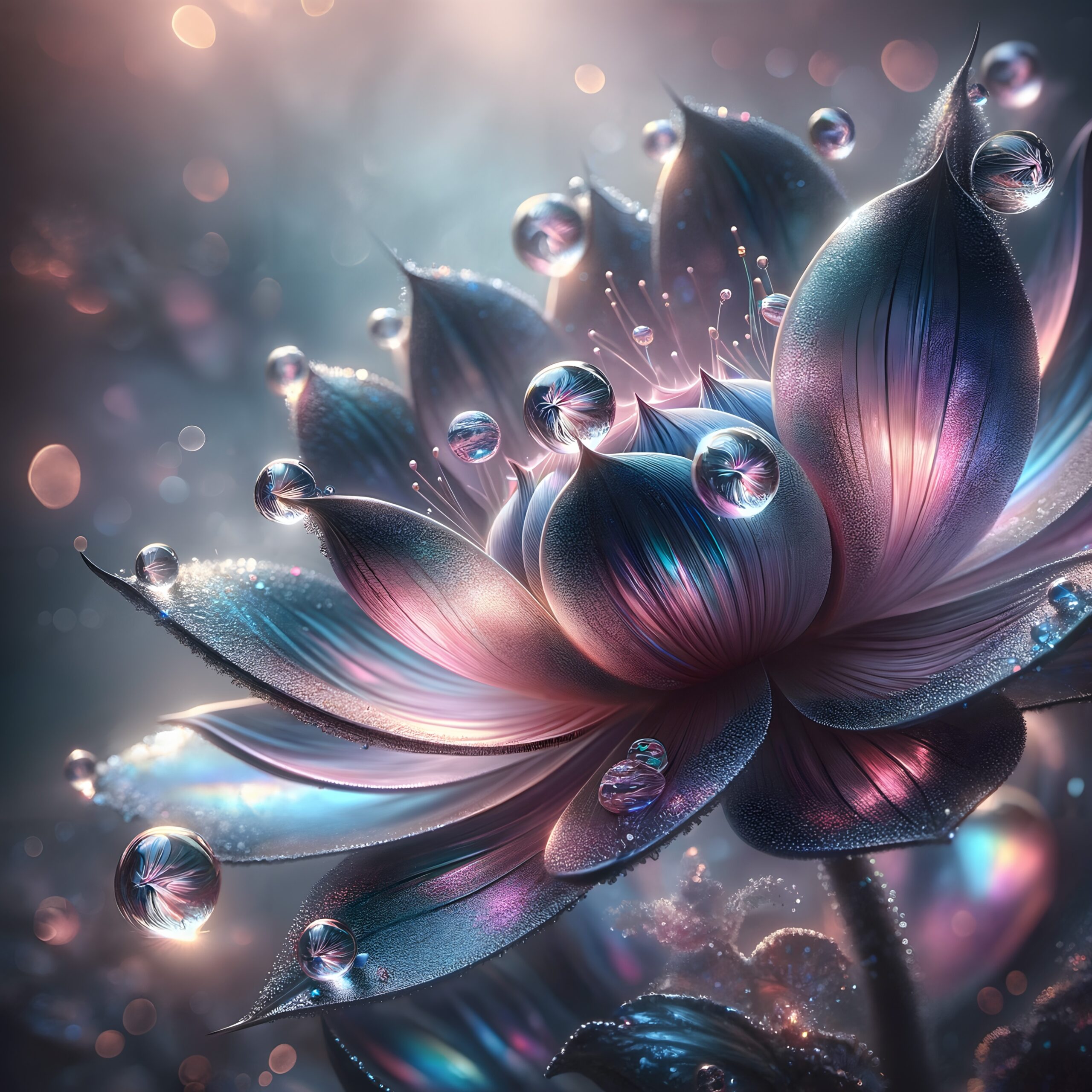 Iridescent Fantasy Flower with Dewdrops