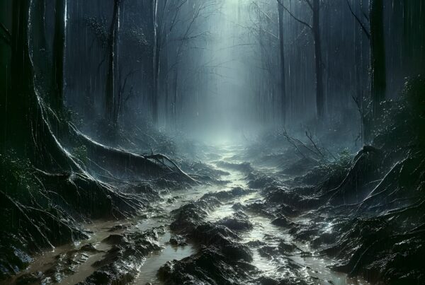 Mysterious forest at night with rain and mist creating an eerie atmosphere.