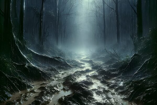 A misty forest path under dim light, with wet, muddy ground and looming barren trees.