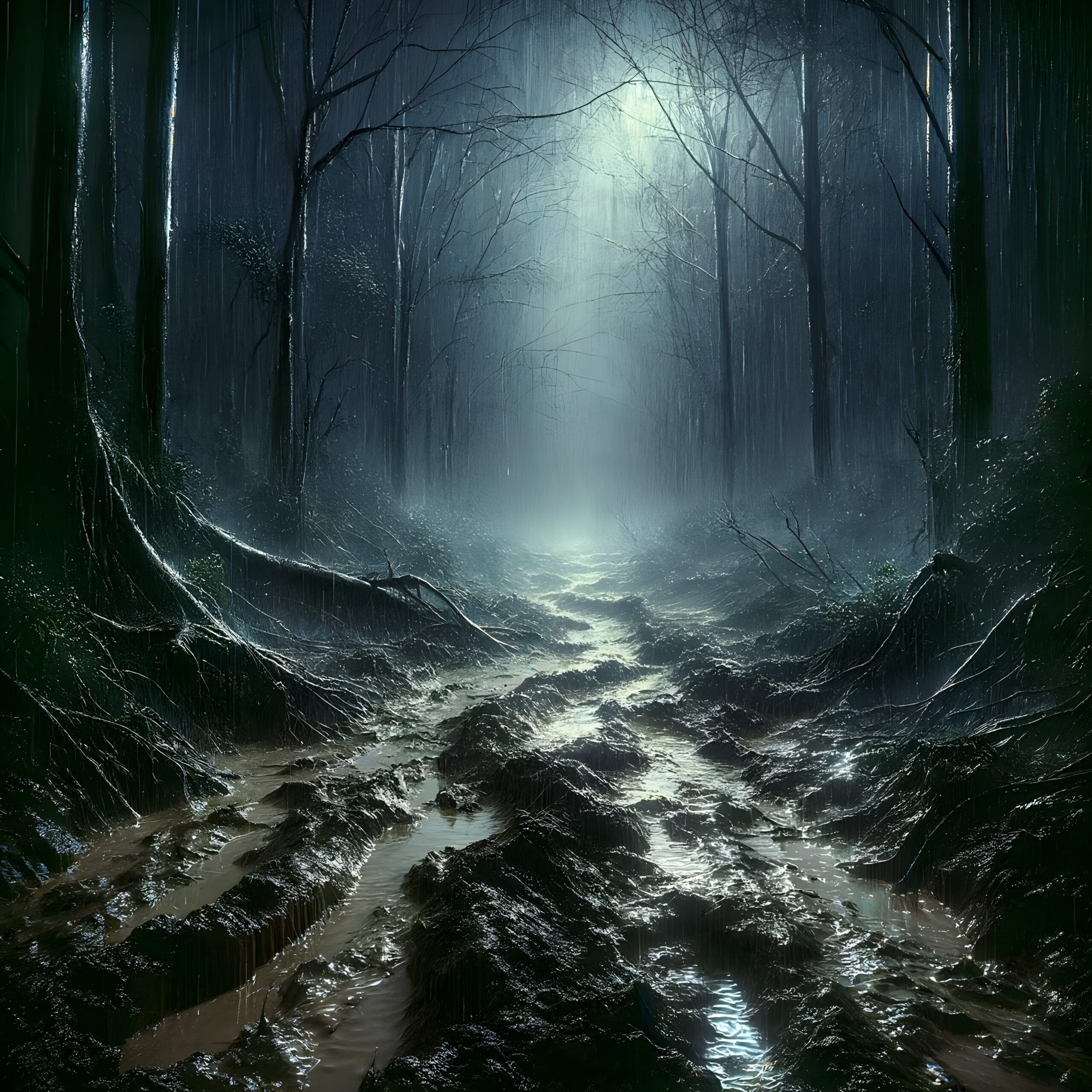 Spooky Forest Path in Mist