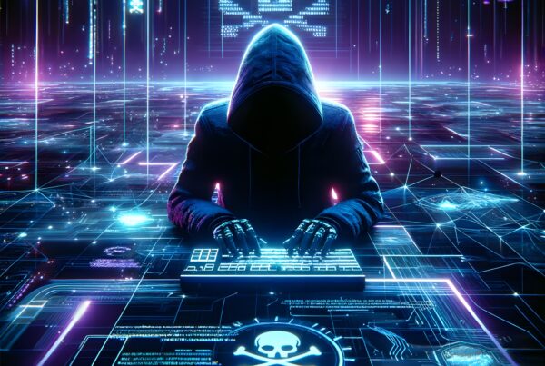 Hooded hacker in neon cyber environment with digital displays.