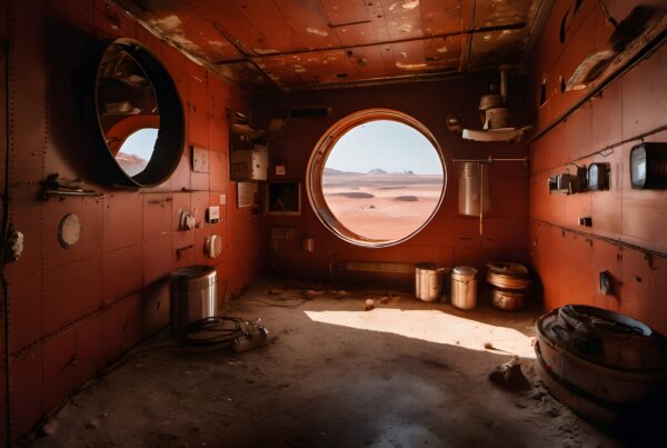 Interior of a rustic space module with orange-red walls, showcasing a sweeping desert view through a circular window.