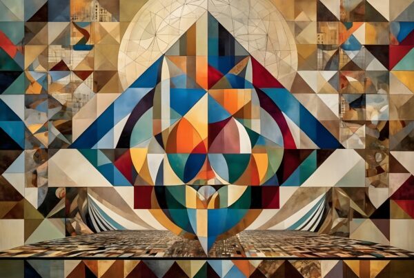 A vibrant geometric abstraction with colorful shapes.
