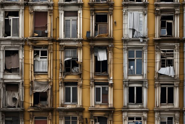 A rundown yellow apartment building facade with broken windows and tattered curtains.
