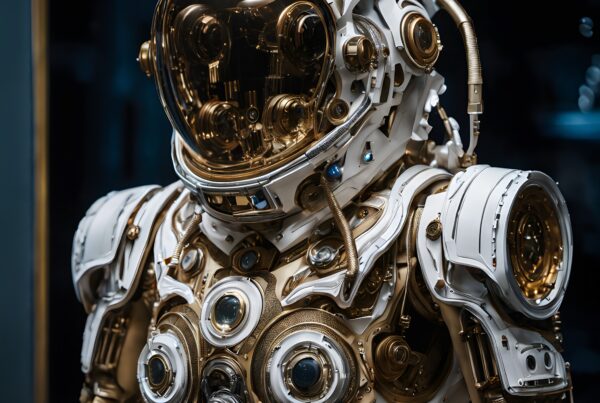A futuristic astronaut suit with gold and white mechanical details.