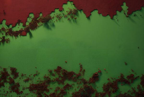 Abstract aerial view with contrasting red and green textures, illustrating environmental changes and artistic elements.