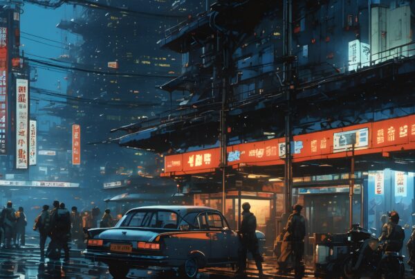Futuristic cyberpunk cityscape with neon lights and vintage car.