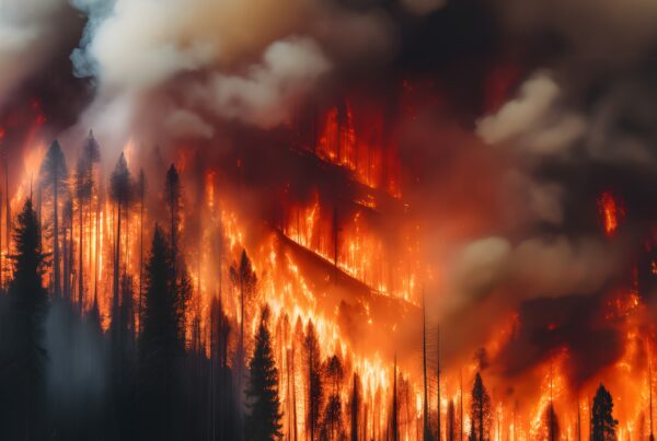 A raging wildfire consumes a forest, with burning trees and thick smoke billowing into the sky.