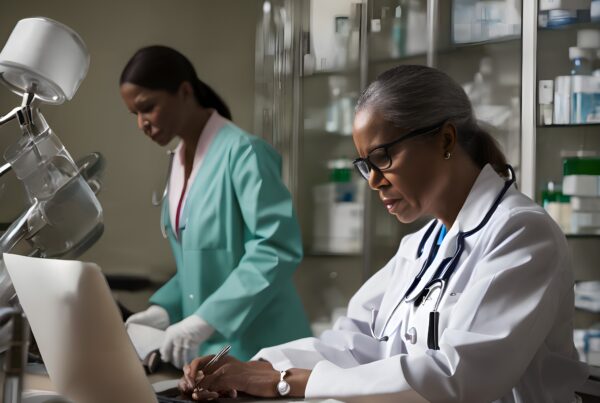 Doctors collaborating in a laboratory setting with focus on data and research.