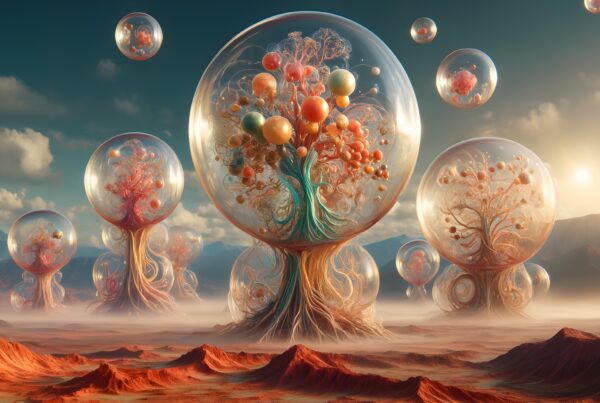 A fantasy landscape with transparent spheres encapsulating vibrant, surreal trees over a desert terrain illuminated by a bright sun.