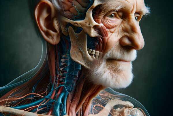 Detailed anatomical portrait of an elderly man showcasing bones, muscles, and veins.