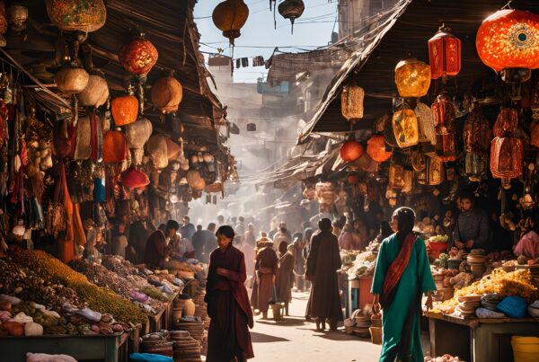 A bustling market street adorned with colorful lanterns, vibrant stalls, and people in traditional attire.