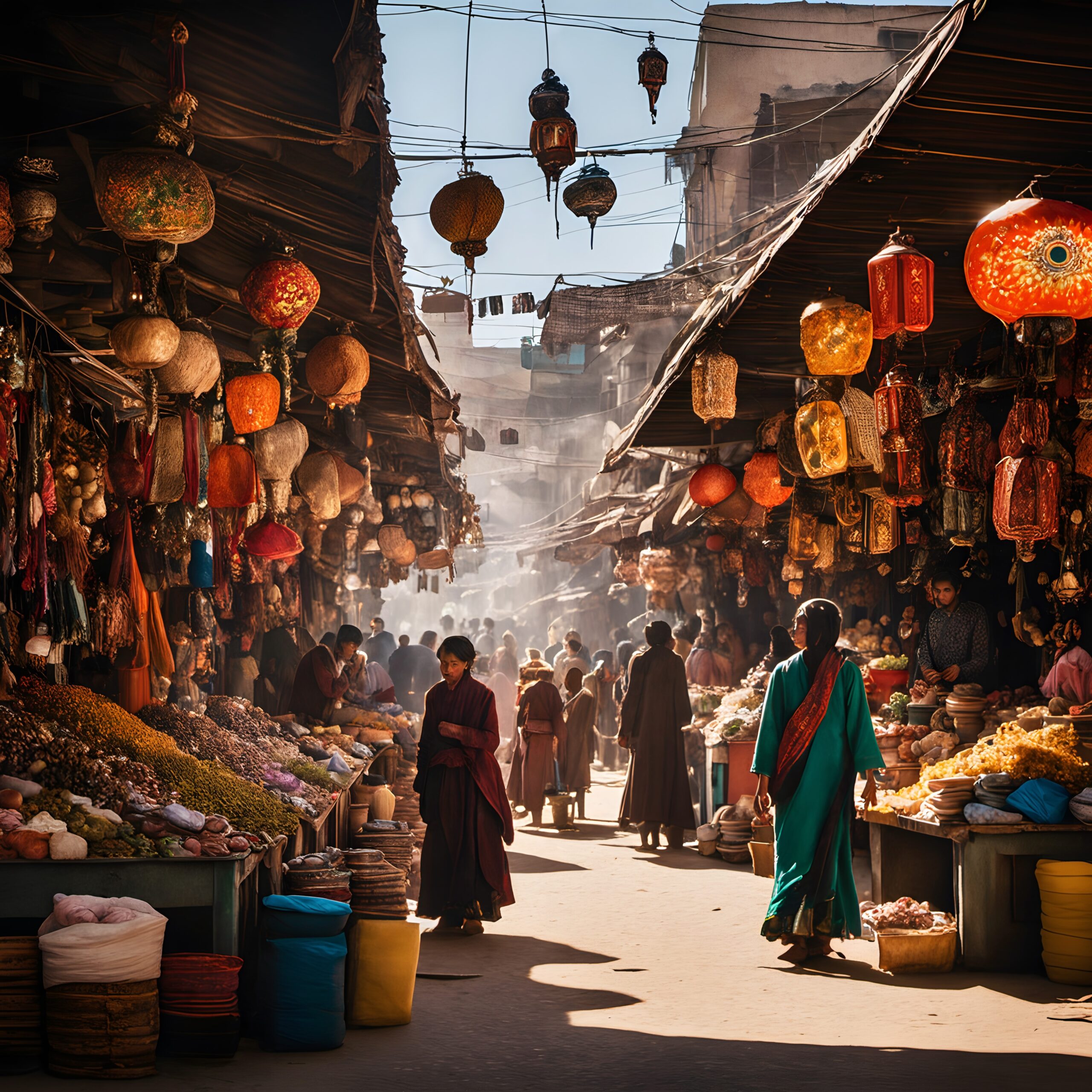 Colorful Lanterns Adorn Busy Market