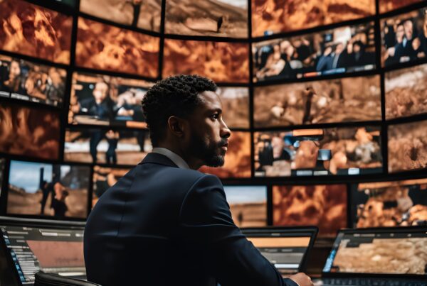 A man seated in a control room, focused on multiple screens displaying various images, representing modern surveillance technology.