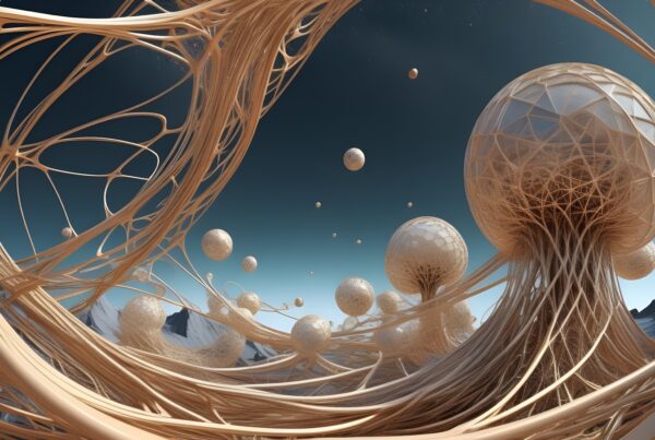 Abstract futuristic landscape with swirling filament structures and spheres.