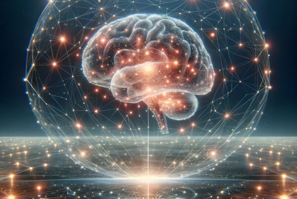Digital illustration of a glowing brain in a network.