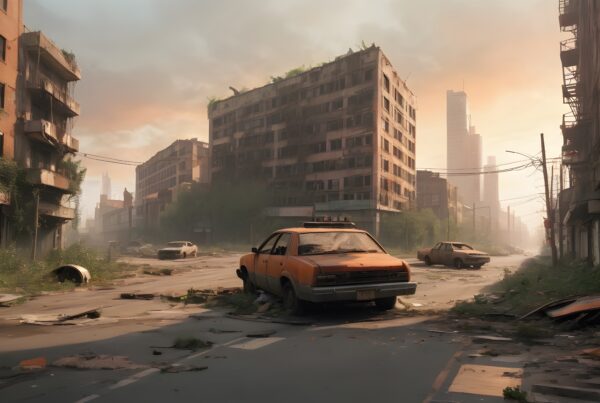Desolate urban street overgrown with nature and abandoned cars at sunset in a forgotten cityscape.