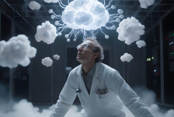 Scientist interacts with glowing brain-shaped cloud in dark lab.
