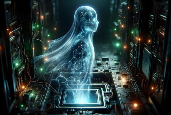 Futuristic humanoid emerging from a glowing digital circuit.