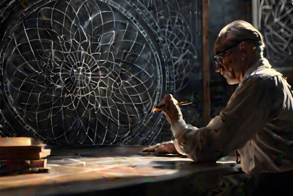 An elderly artist intensely designs a detailed geometric pattern in a softly lit workshop, embodying classic artistic craftsmanship.