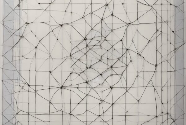 Intricate artwork with black thread lines forming geometric patterns on a white canvas, creating a sense of connectivity and movement.