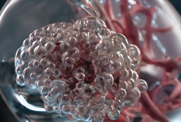 A detailed 3D render of a neuron showing complex structures with transparent bubbles and pinkish-red interwoven connections, highlighting neural intricacy.