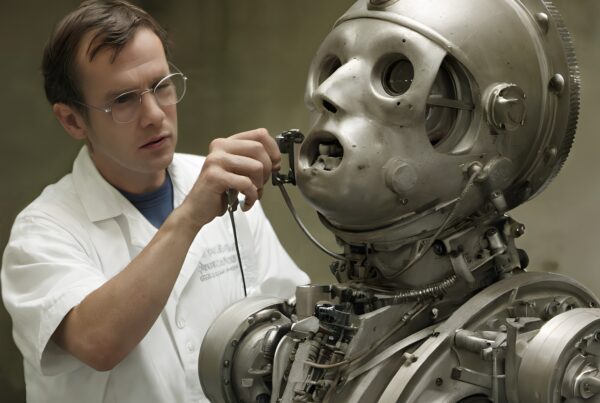 A scientist adjusts components on a humanoid robot in a lab.