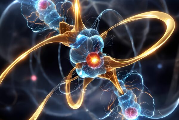 Abstract quantum atom visual, futuristic molecular art with swirling energy fields and glowing nucleus.