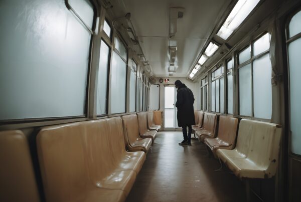 An empty subway car with foggy windows and a solitary person standing near the exit, creating an atmosphere of solitude and contemplation.