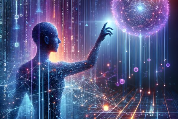 A digital humanoid interacts with a glowing technological sphere in a futuristic setting.