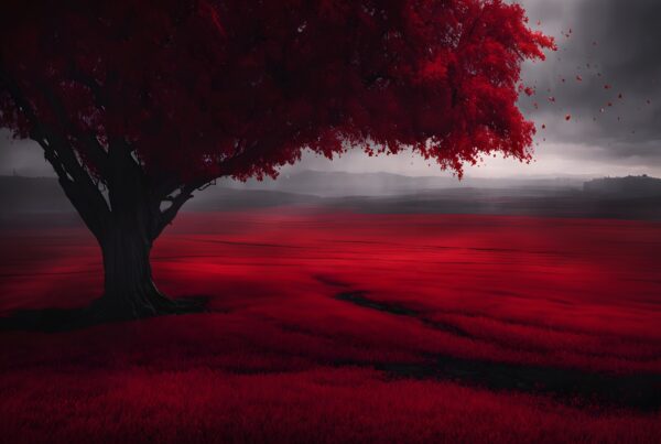 A large tree with red leaves stands in a vibrant red field under a dramatic sky.