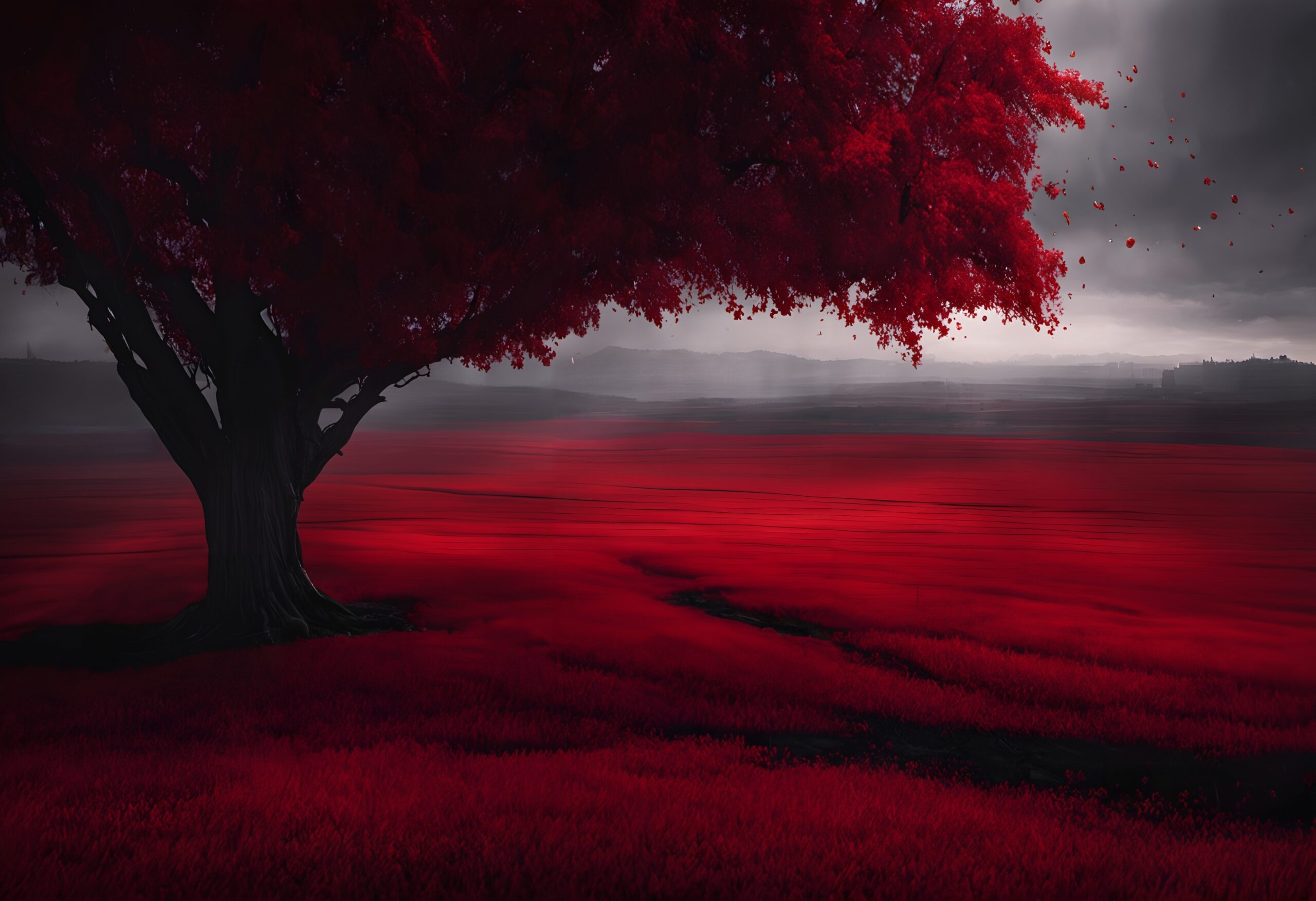 Enchanted Red Field and Tree