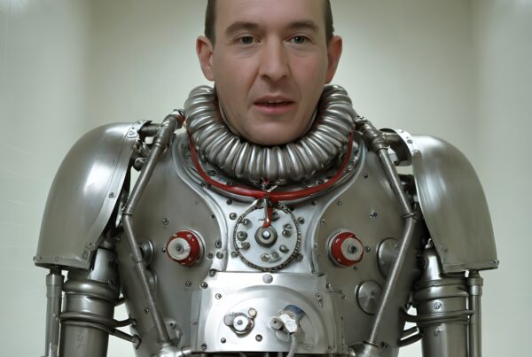 A person wearing a futuristic metallic exoskeleton in a white room.