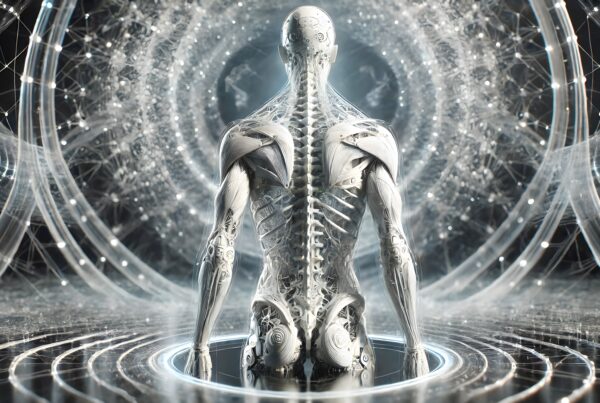 Futuristic humanoid figure with mechanical, cybernetic design.