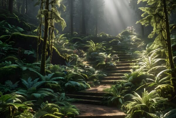 A sunlit forest path with moss-covered steps and lush greenery.