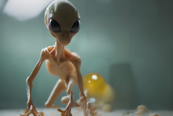 A mysterious alien figure on a kitchen counter with scattered objects appears under a spotlight, creating an eerie atmosphere.