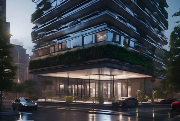 A modern skyscraper with lush greenery and reflective glass windows at twilight.