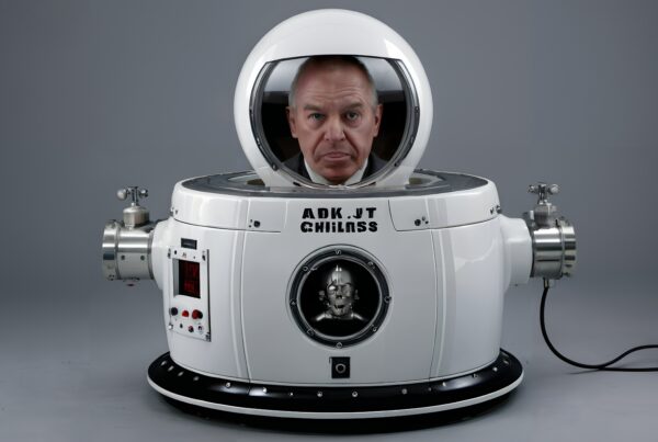 A futuristic machine with a man's head inside a transparent dome and buttons on the front.