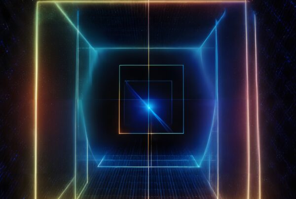 Futuristic digital art featuring neon cubes in a tunnel.